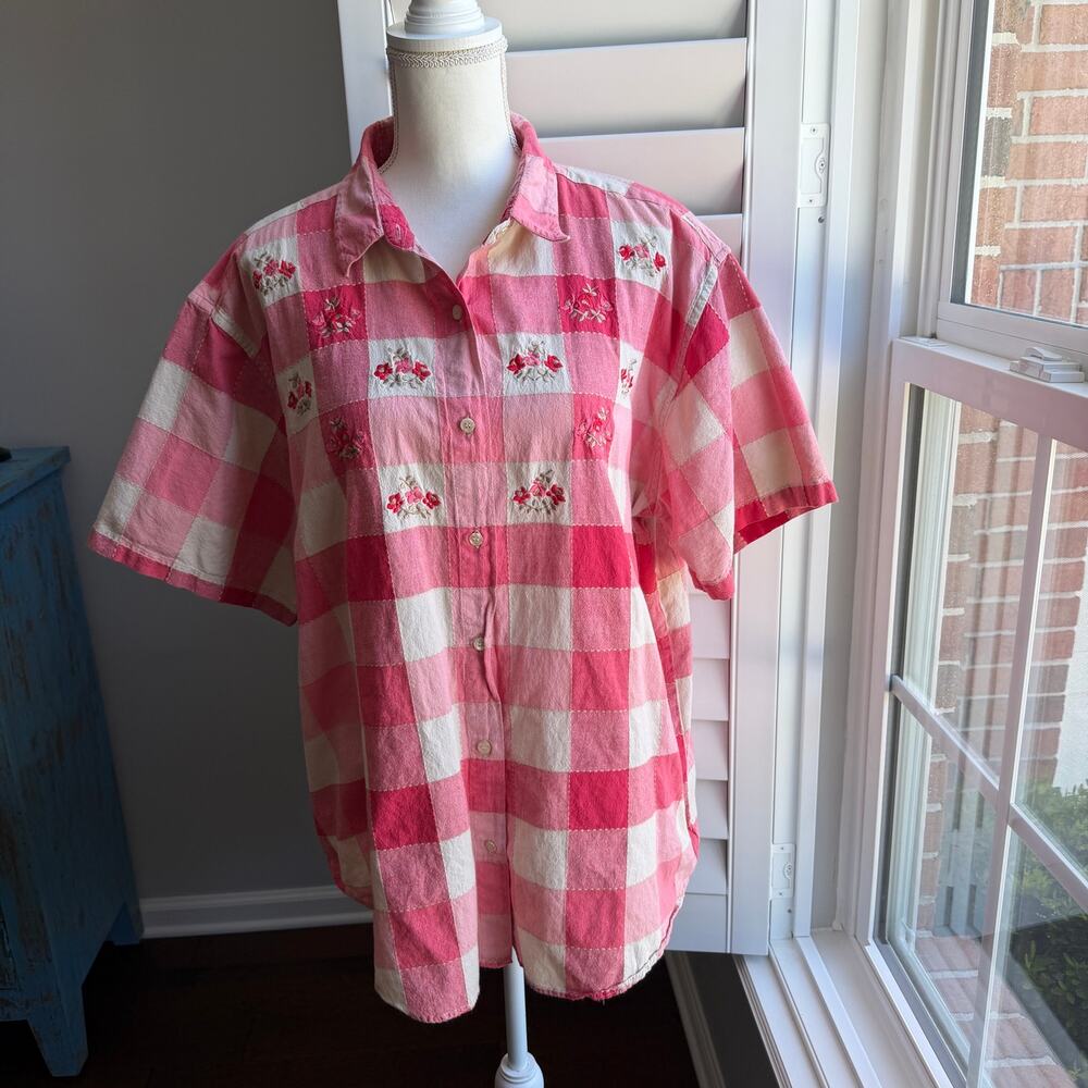 Vintage MAGGIE MAX Top Pink Plaid Button Front Cotton Embroidery Womens 3X - Picture 2 of 10